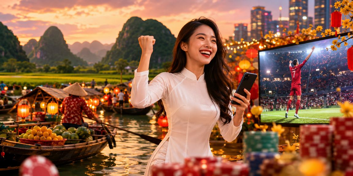 Người dùng Ninh Bình trong trang phục áo dài trải nghiệm nền tảng casino tại khu vực danh thắng