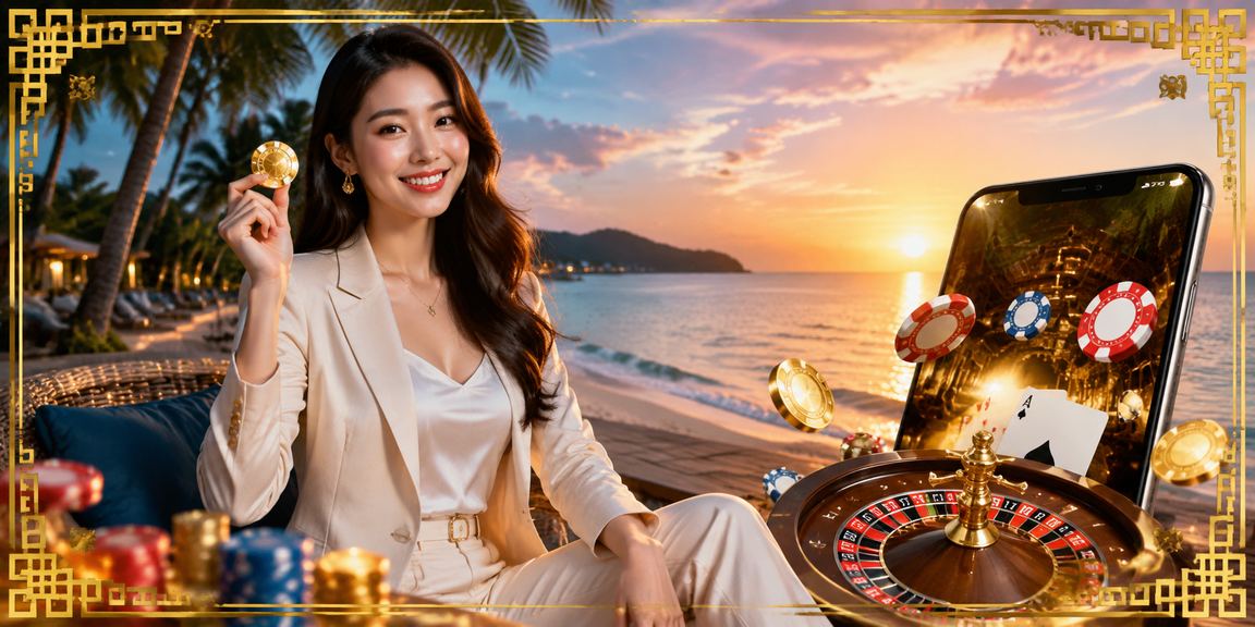 Người dùng Phú Quốc trải nghiệm casino mobile trên bãi biển buổi tối